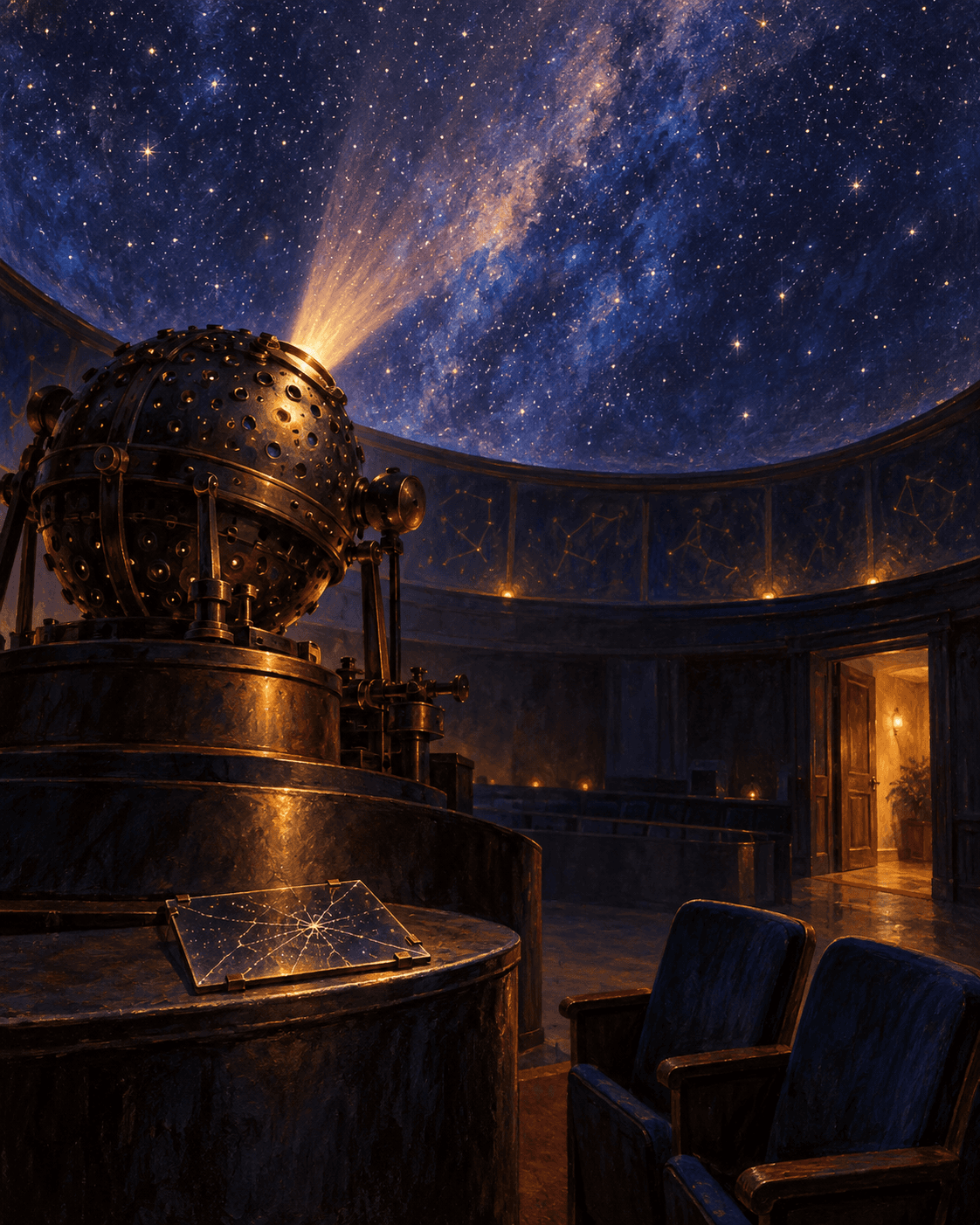 An empty planetarium beneath a projected night sky